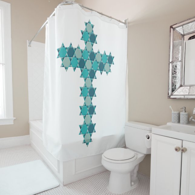 Star of David Star Cross Blue Optical Illusion Shower Curtain (In Situ)