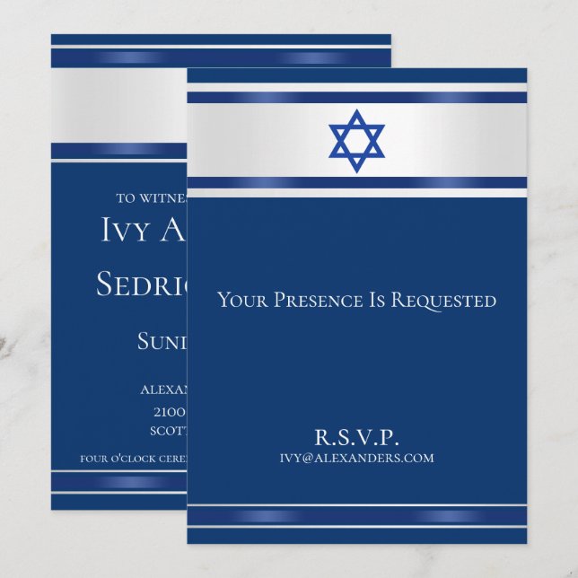 Star of David White Satin Navy Blue Invitation (Front/Back)
