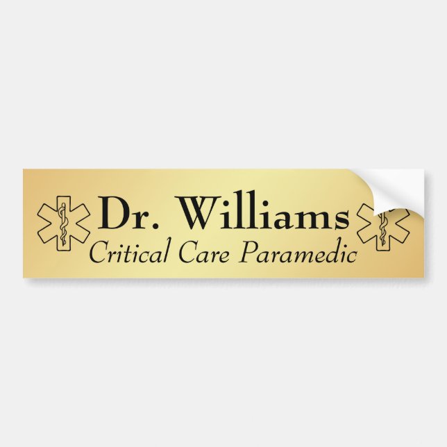 Star of Life EMT Paramedic Personalised EMS Gold Bumper Sticker (Front)