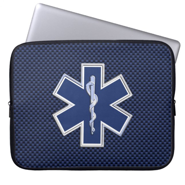 Star of Life Paramedic Emergency Blue Carbon Style Laptop Sleeve (Front)