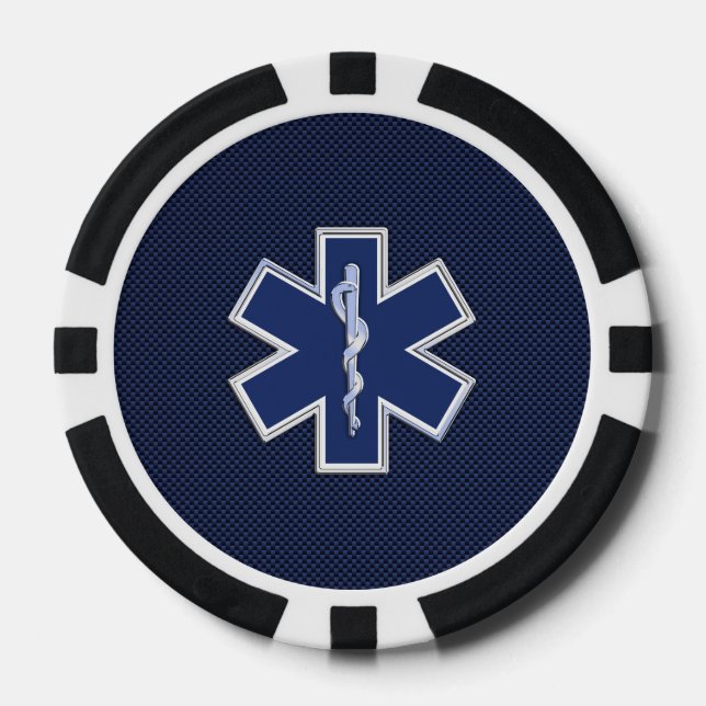 Star of Life Paramedic EMS on Blue Carbon Fiber Poker Chips (Front)