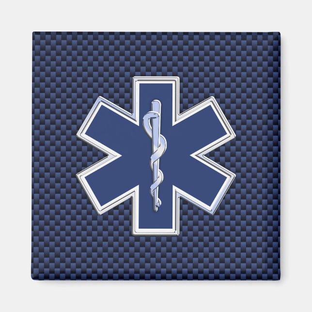 Star of Life Paramedic on Navy Blue Carbon Fibre Magnet (Front)
