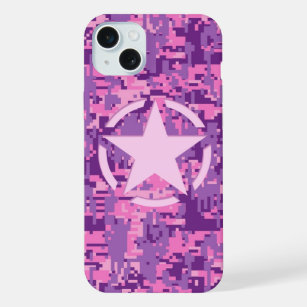 Star on Girly Hot Pink Digital Camo iPhone 15 Plus Case