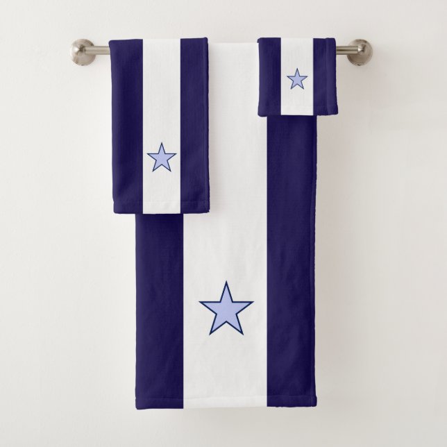 Star on navy blue & white striped bath towel set (Insitu)