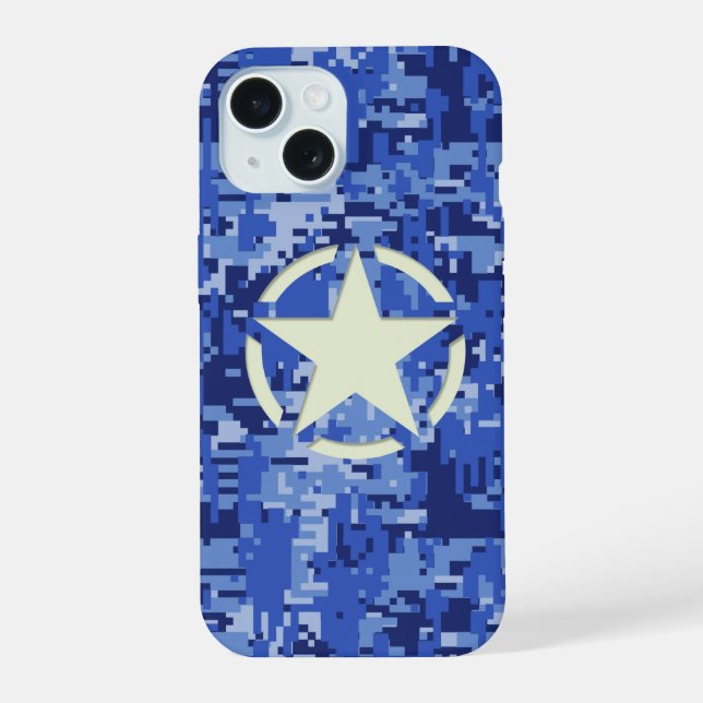 Star on Navy Digital Camo Background iPhone 15 Case (Back)