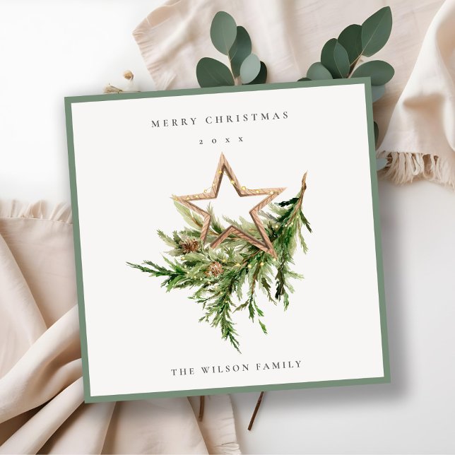 Star Ornament Pine Branch Fauna Merry Christmas Holiday Card (Creator Uploaded)