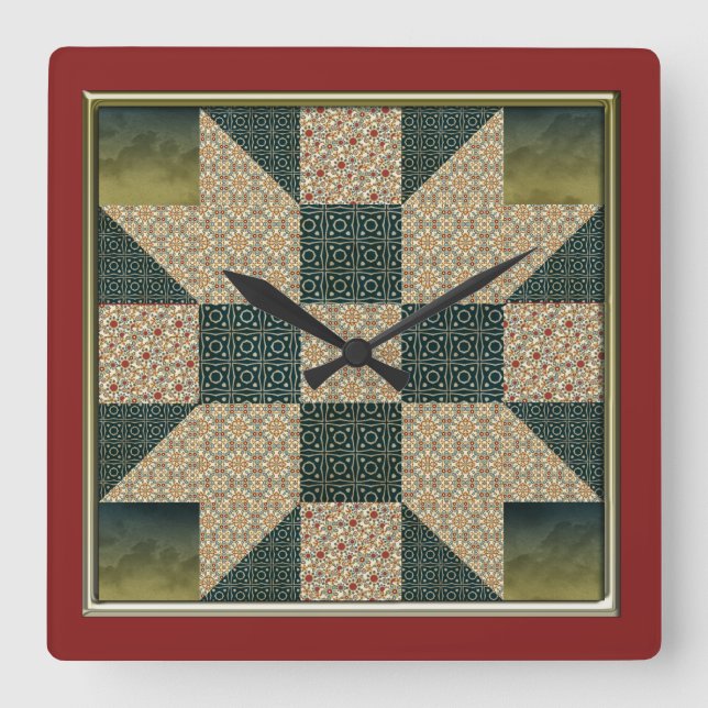 Star Patch Quilt Block Gold & Green no numbers Square Wall Clock (Front)