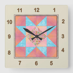 Star Patch Sunset & Water Quilt Block Square Wall Clock