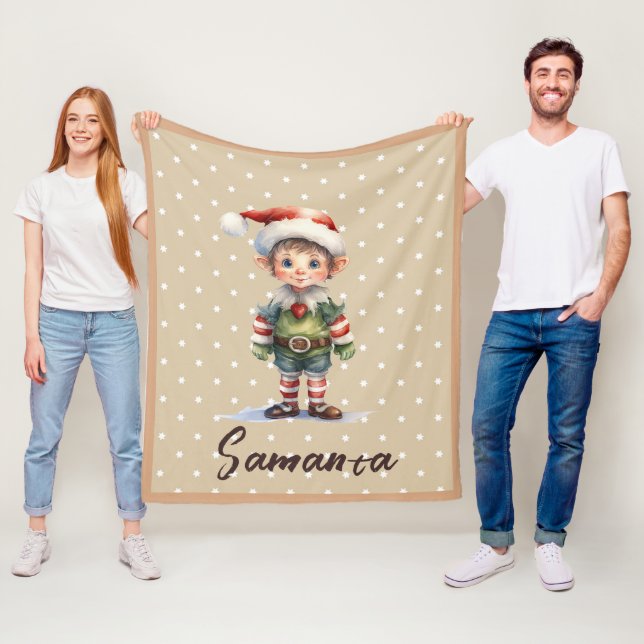 Star pattern gnome blue beige name fleece blanket (In Situ)