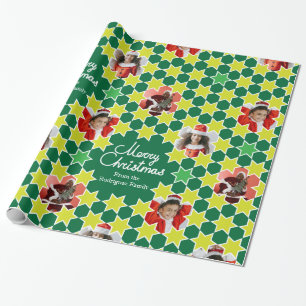 Star pattern green Christmas family photo custom Wrapping Paper