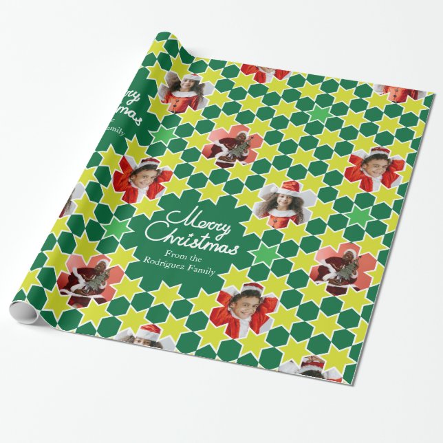 Star pattern green Christmas family photo custom Wrapping Paper (Unrolled)