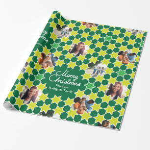 Star pattern green Christmas family photo custom Wrapping Paper