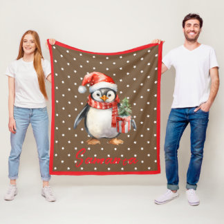 Star pattern penguin brown red name fleece blanket