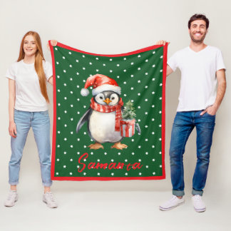 Star pattern penguin green red name fleece blanket