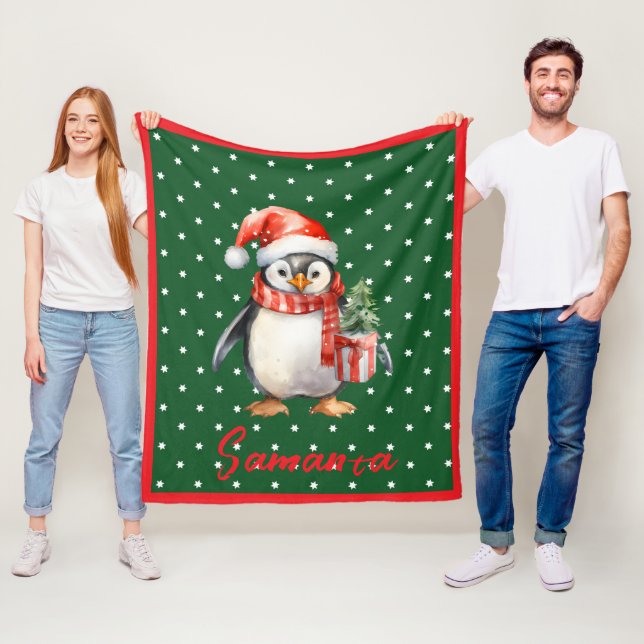 Star pattern penguin green red name fleece blanket (In Situ)