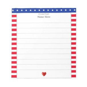 Star Pattern, Red White Stripes & Heart Lined Notepad