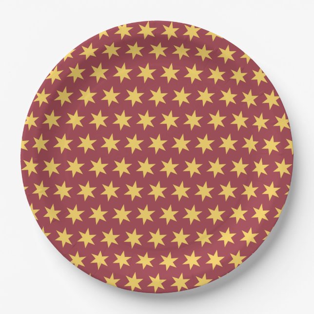 Star Pattern Trending Colours Maroon Gold Paper Plate (Front)