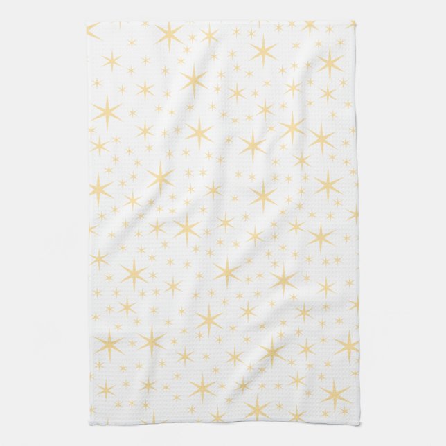 Star Pattern, White and Non-metallic Gold Colour. Tea Towel (Vertical)