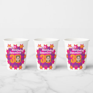 Star pink golden yellow 30th birthday two photos paper cups