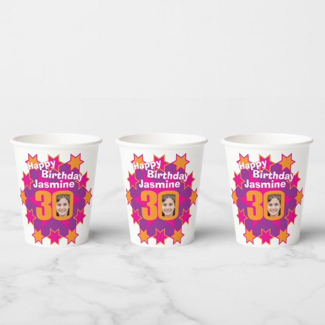 Star pink golden yellow 30th birthday two photos paper cups (Multi)