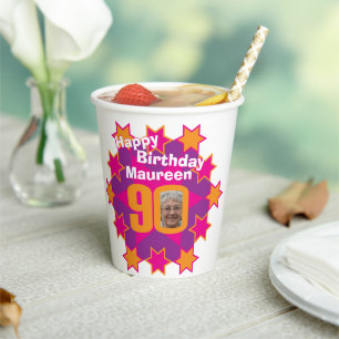 Star pink golden yellow 90th birthday two photos paper cups