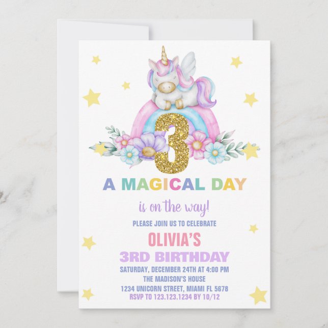 Star Rainbow Unicorn Birthday Invitations Fly (Front)