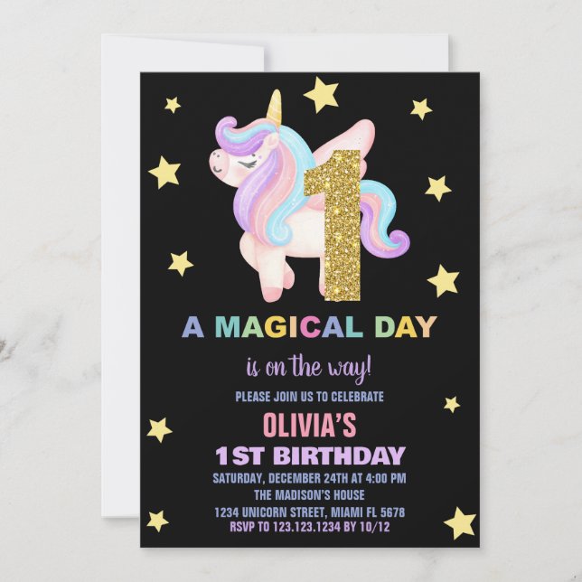 Star Rainbow Unicorn Birthday Invitations Fly (Front)