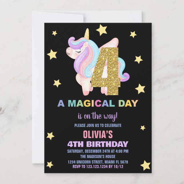 Star Rainbow Unicorn Birthday Invitations Fly (Front)