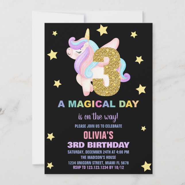 Star Rainbow Unicorn Birthday Invitations Fly (Front)