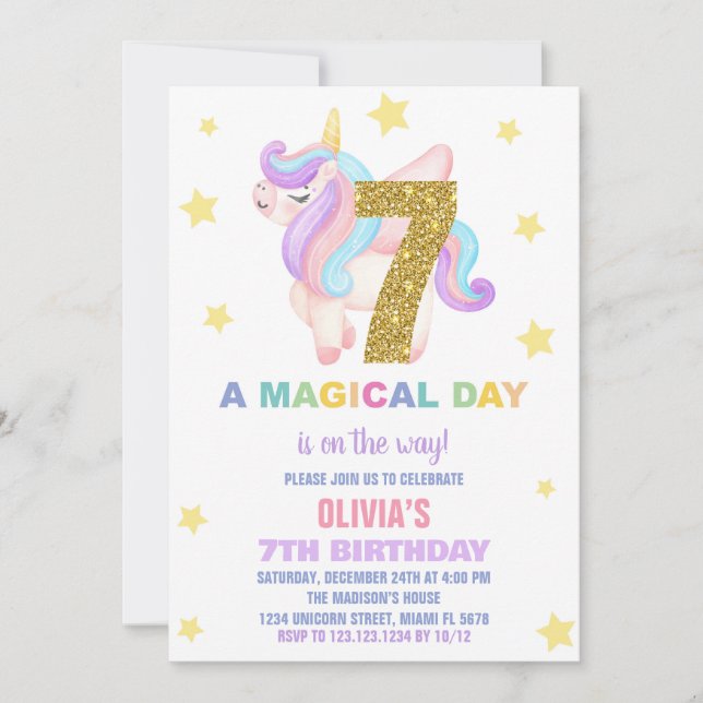 Star Rainbow Unicorn Birthday Invitations Fly (Front)