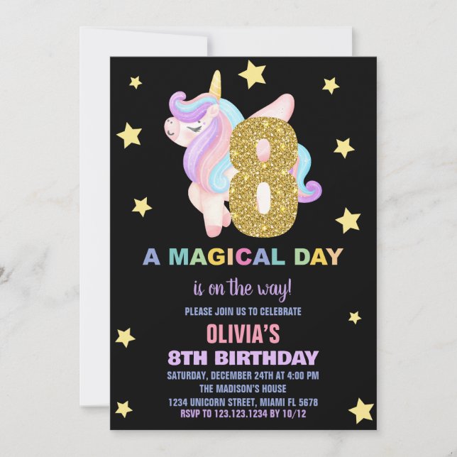 Star Rainbow Unicorn Birthday Invitations Fly (Front)
