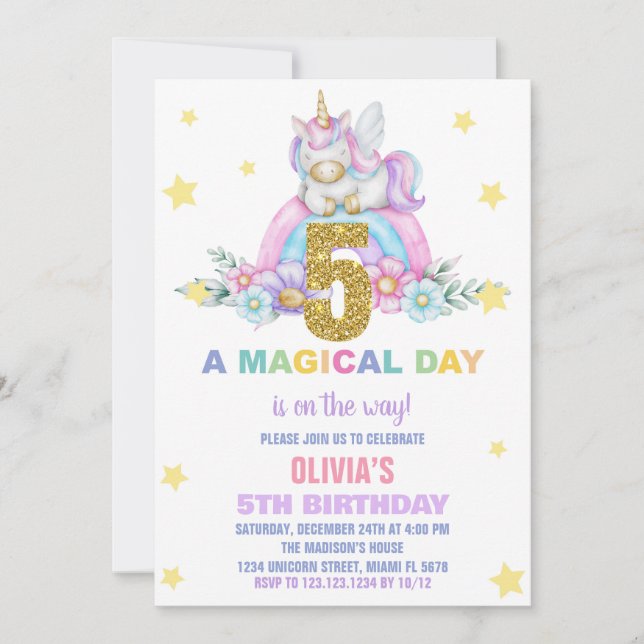 Star Rainbow Unicorn Birthday Invitations Fly (Front)