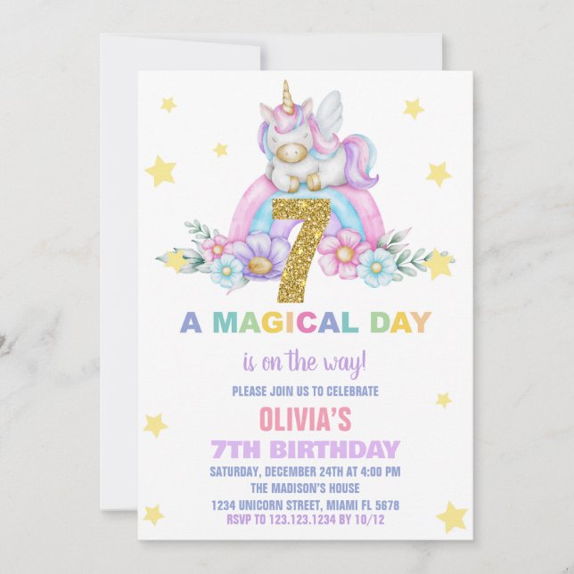 Star Rainbow Unicorn Birthday Invitations Fly (Front)