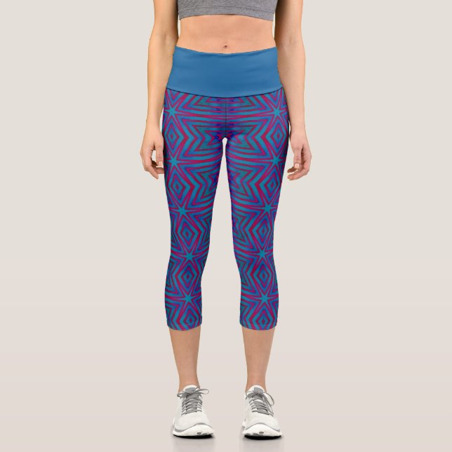 Star Red and Blue Geometric Capri Leggings (Front)
