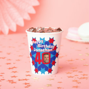 Star red blue 40th birthday two photos paper cups