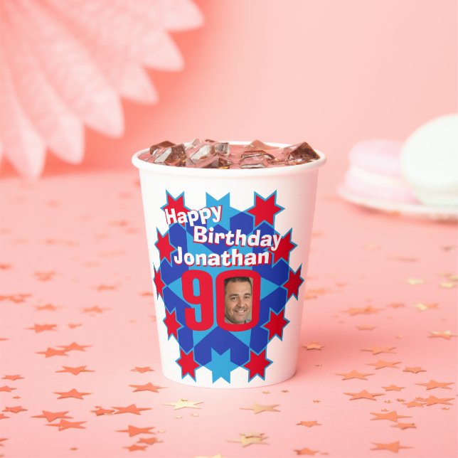 Star red blue 90th birthday two photos paper cups (Insitu)