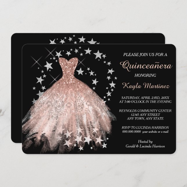 Star Shimmer Peach Quinceanera Invitation (Front/Back)