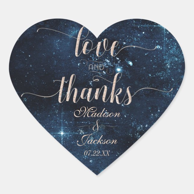 Star Sky Celestial Wedding Love & Thanks Favour Heart Sticker (Front)