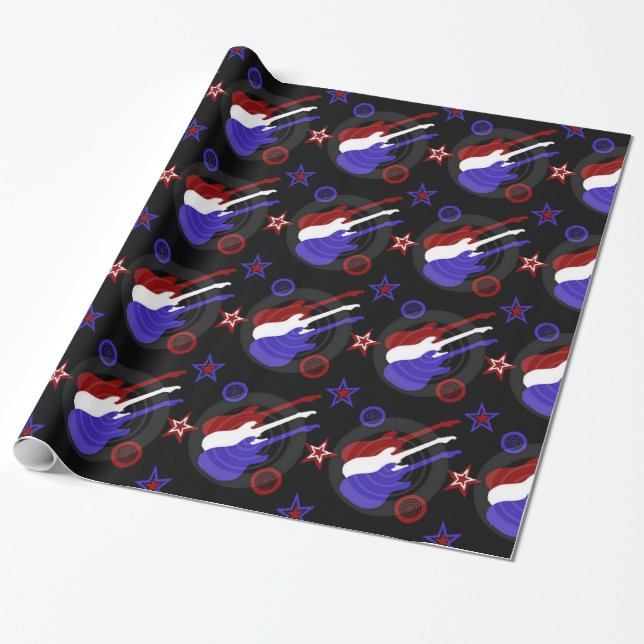 Star Spangled Guitars Pattern Wrapping Paper (Unrolled)