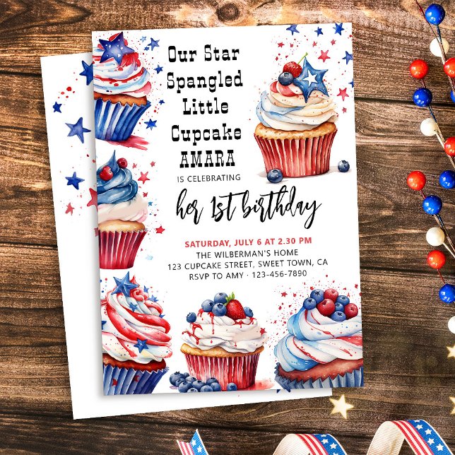 Star Spangled Little Cupcake Any Age Kids Birthday Invitation (Fourth of July themed kids birthday invitation with red white and blue cupcakes)