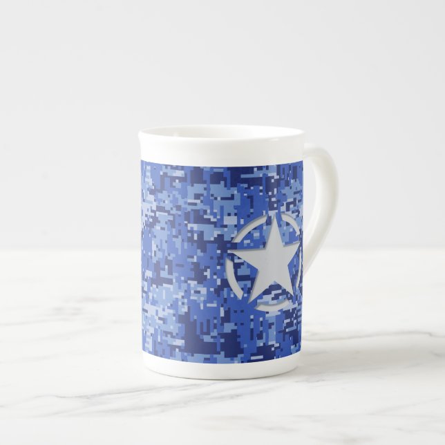 Star Stencil Retro Navy Blue Camouflage Bone China Mug (Front Right)