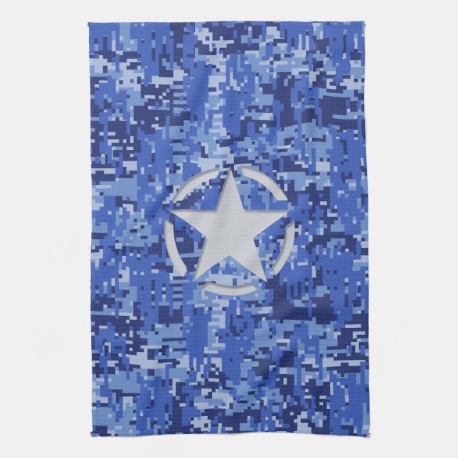 Star Stencil Retro Navy Blue Camouflage Tea Towel (Vertical)