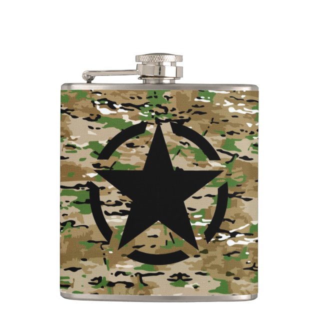 Star Stencil Vintage Burlap Camo Style Hip Flask (Front)