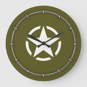 Star Stencil Vintage on Khaki Green Large Clock