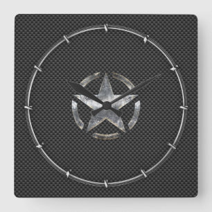 Star Stencil Vintage Tag Carbon Fibre Style Square Wall Clock