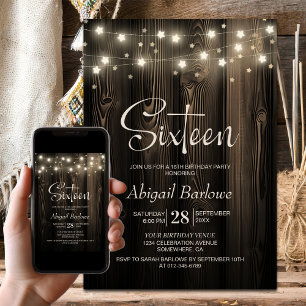 Star String Lights Wood 16th Birthday Party Invitation