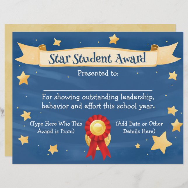 Star Student Award Certificate School Kids 8.5x11 (Front/Back)
