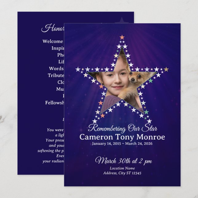 Star‑Themed 1‑Photo Memorial Program (Front/Back)