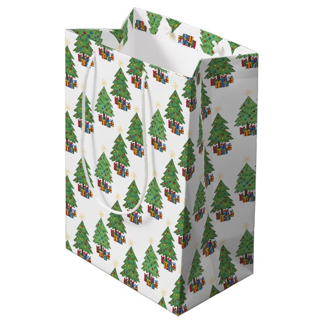 Star-topped Christmas Trees and Gifts Pattern Medium Gift Bag (Back Angled)