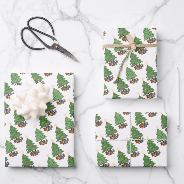 Star-topped Christmas Trees and Gifts Pattern Wrapping Paper Sheet (Front)